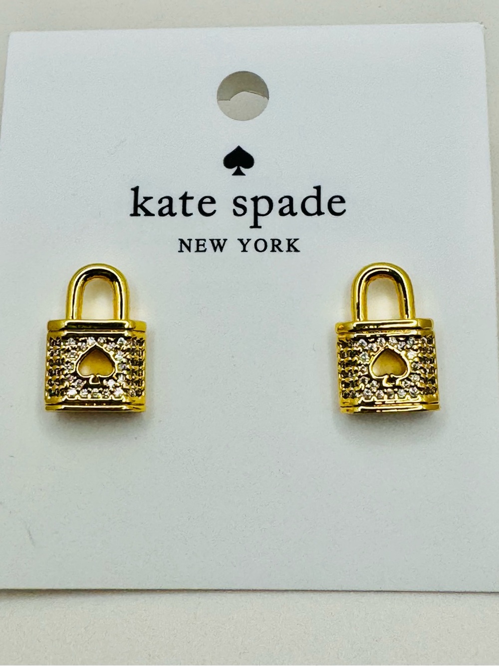 Kate Spade Lock and Spade Pave’ Gold Tone Stud Earrings NWOT